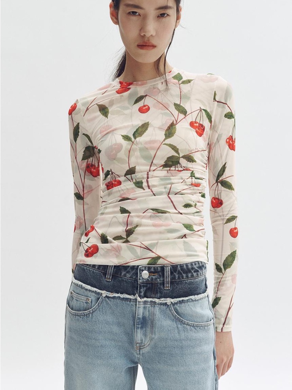 Stella McCartney H&M Cream Sheer Cherry-Print Long-Sleeve Tee